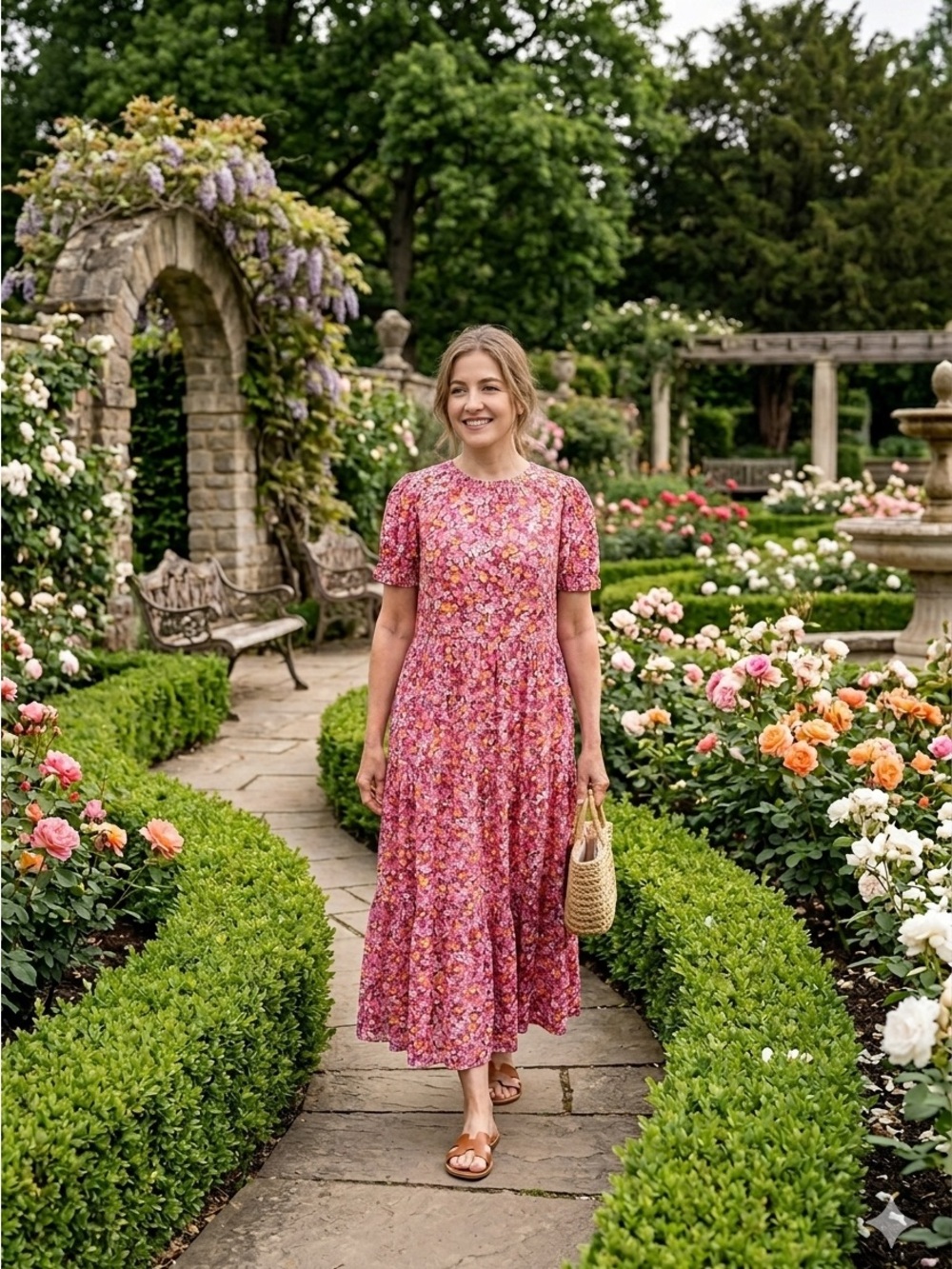 J.Crew Factory Puff-Sleeve Tiered Midi Dress Floral XXS Burgundy Pink Orange